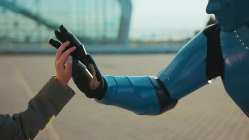 Hands Girl Take Five to Robot Friend Future Machine Intelligence Artificial Humanoid Science