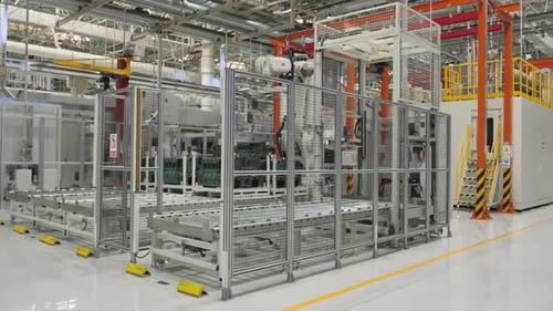 Workshop industrial space features robotic arms automatic conveyor line and advanced