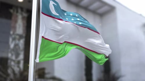 Uzbekistan National Flag Waving in Realistic Wind