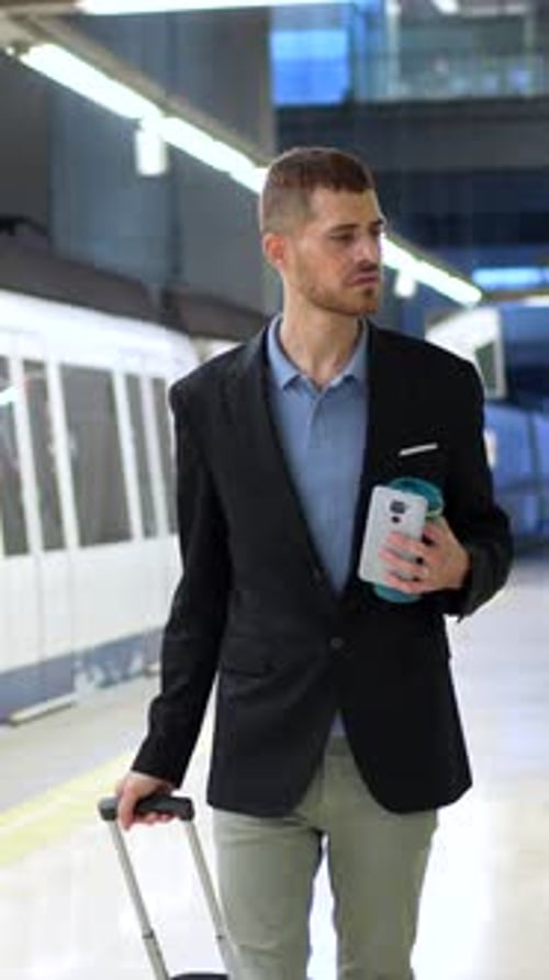 Businessman walking in subway station with luggage and smartphone