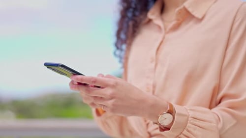Hands, typing and smartphone with woman and chat, social media and connection while outdoor