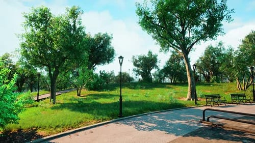 Peaceful Park Landscape with Walking Path and Benches on a Sunny Day