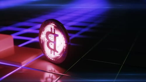 Glühender roter Bitcoin, der sich auf einem futuristischen blauen digitalen Gitter dreht und die Kryptowährungstechnologie symbolisiert
