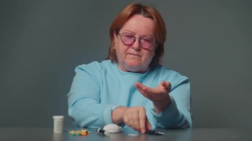 Diabetikerin im Alter, die an Zuckerdiabetes leidet, misst den Blutzuckerspiegel mit einem Glukometer