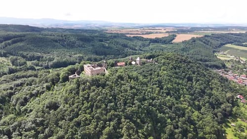 Helfstyn Castle, aerial wide panorama with rural landscape and landmark on hill. Czech Republic