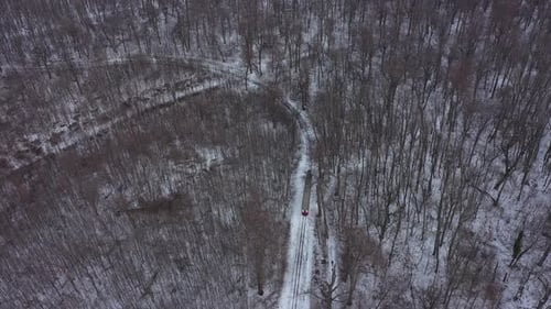 Drone footage in winter. Train receding in the woods.