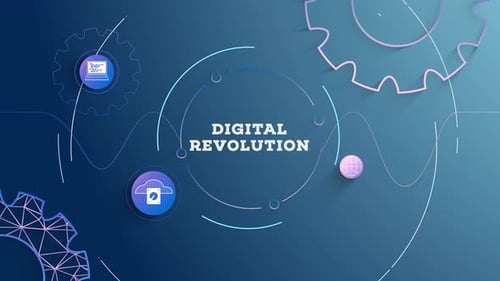 Infografik Digitale Revolution Blauer Hintergrund mit Schleife