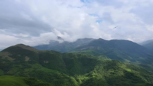 Scenic Landscape of Mountains with Lush Green Hills and Soaring Bird in a Serene Setting