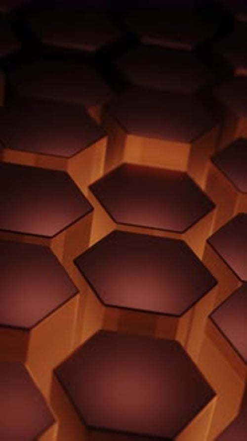 Close up of pattern of hexagonal tiles with orange light. Looped animation