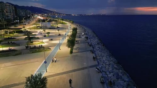 Drone view of the tram at sunset on İzmir Karataş beach