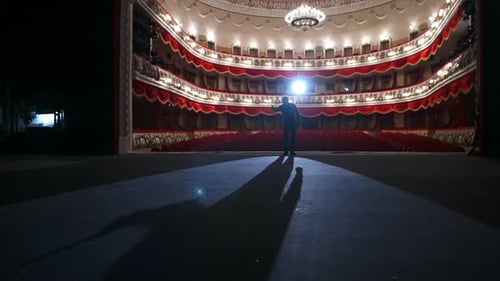 Middle age male entertainer, presenter or actor on stage. Public speaker gives performance.