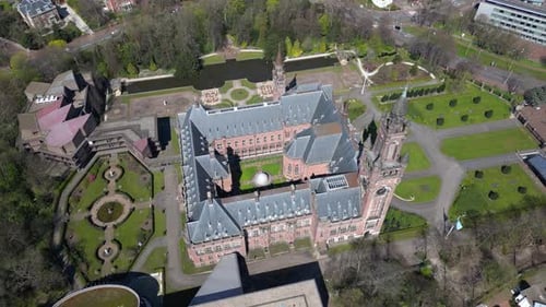 Drone view of The Peace Palace (Vredespaleis) in The Hague , Netherlands