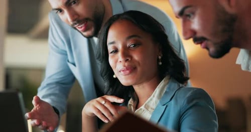 Teamwork, collaboration and design team working at night on creative, idea