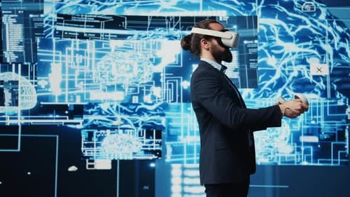 Man Using VR Headset with AI Graphics