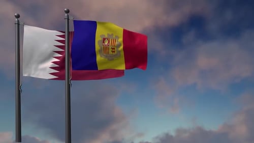 Qatar and Andorra National Flags Waving Against Cloudy Sky