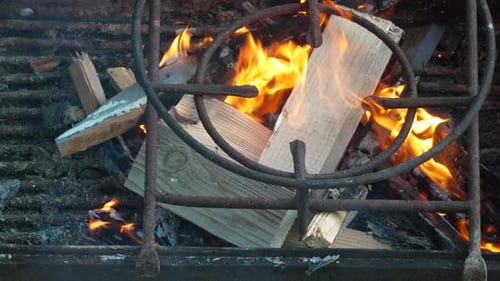 Fire Wood Hand Adding Wood Burning in Grill Starting Fire