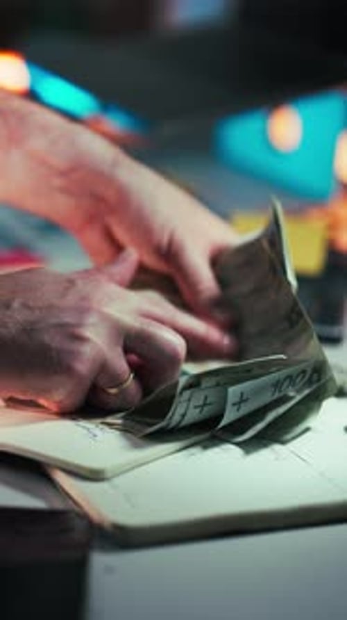 Man Counts Polish Zloty Money in Office Setting