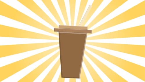 A glass of coffee to go on a background of yellow abstract sun rays. Video 4k, motion design
