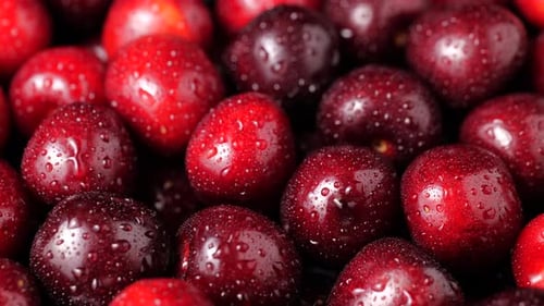 Sweet cherry with water drops, as background. Close up view. Rotating on a table.