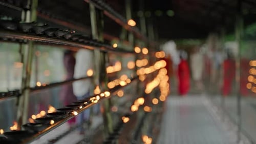 Buddhist Devotees Light Oil Lamps Offer Prayers in Temple Rows of Flickering Flames Line Racks with