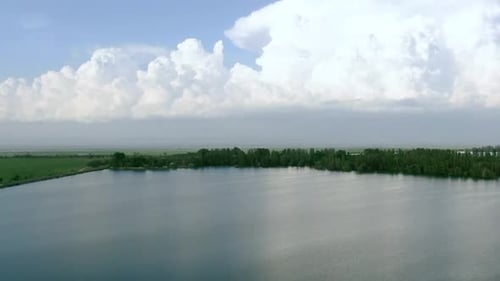 Aerial view of water reservoir with green trees