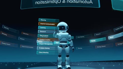 3D AI Robot Managing Task Cards for Automation and Optimization on Futuristic Teal Background