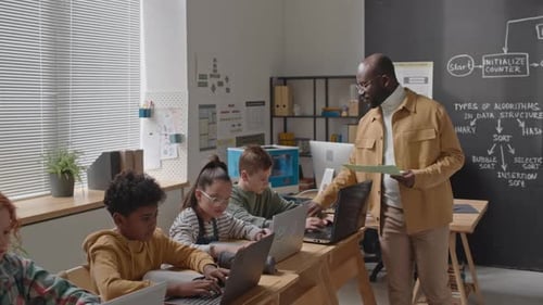 Teacher Giving Papers to Kids during Test on Computer Class