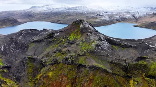 Turquoise Water in Mountain Lake Aerial View of Blue Lake and Huge Volcanic Mountains in Iceland