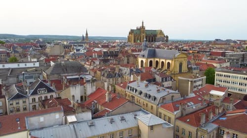 Medieval Townscape With Saint Stephen Catholic Diocese Cathedral In Metz, France. Aerial Drone Shot