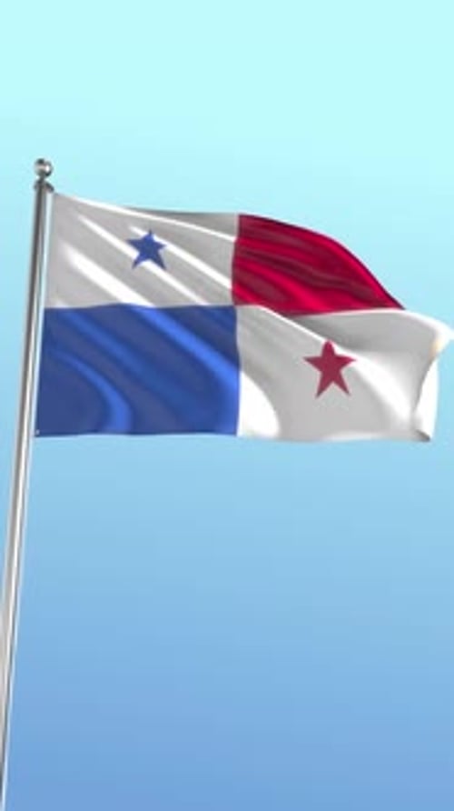 Realistic Panama Flag Waving on Flagpole in Vertical Aspect Ratio