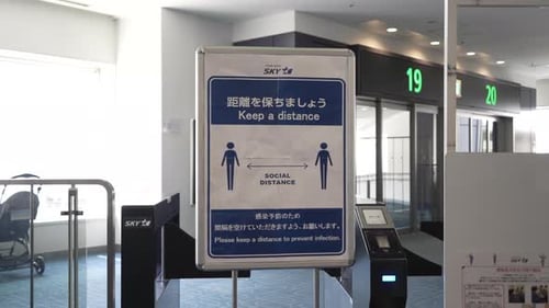 Social Distancing Sign At The Boarding Gate Of Haneda Airport In Tokyo, Japan - Safety Measure Durin