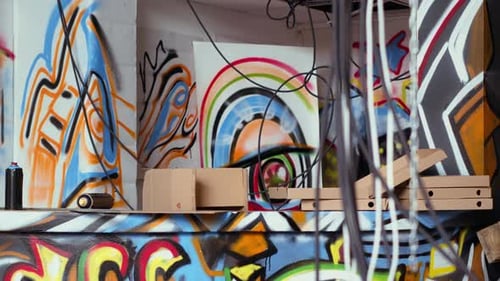 Bunter Keller voller Graffiti-Kunst, der von Skatern als Hängeplatz genutzt wird