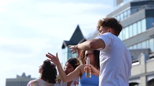 Friends Celebrating in the City on a Sunny Day