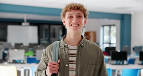 Classroom, face and male student in university for education, knowledge