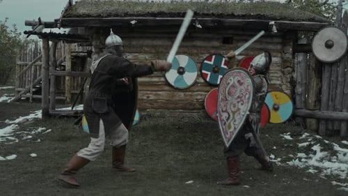 Medieval Warriors Sparring with Swords and Shields