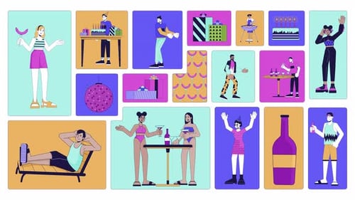 Multicultural people party animated bento grid layout