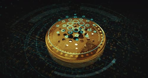 Cardano ADA cryptocurrency golden coin loop on digital screen