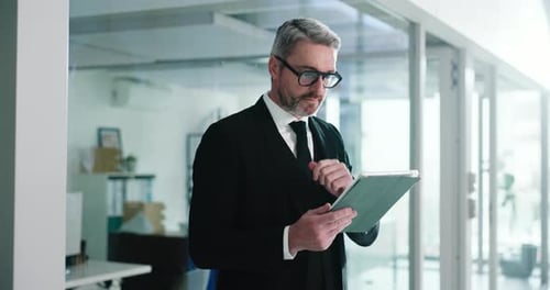 Business, tablet and man in office, thinking and financial agency with problem solving