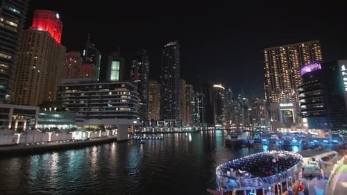 Night City View Over Canal With Skyscrapers