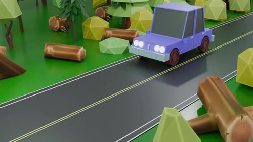 Low-Poly-Fahrzeug auf Asphaltstraße in der Natur