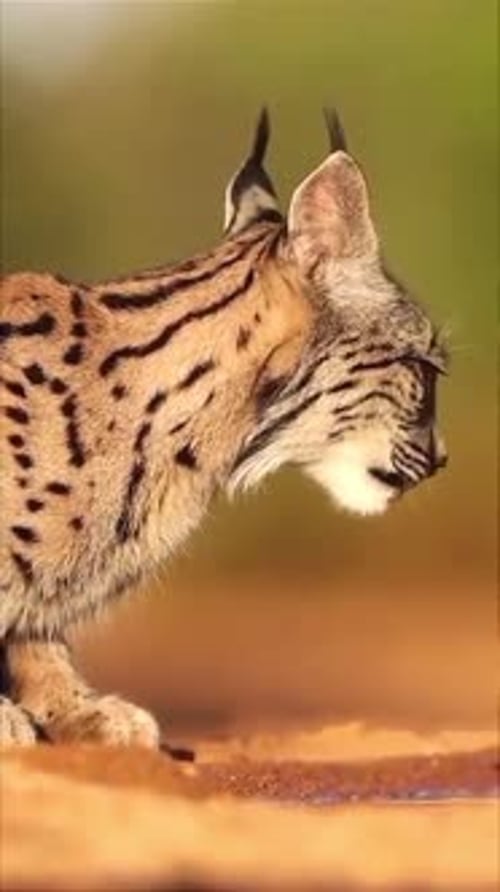 close up of a lynx drinking in the desert