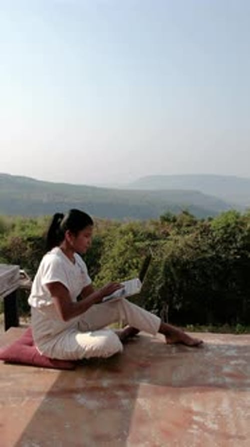 Young Asian Woman Freelancer Traveler Working Online Use Laptop with Beautiful Nature Mountain View