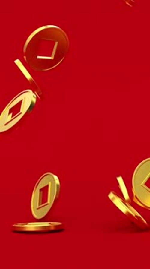 Animated Golden Chinese Coins Falling on Red Background