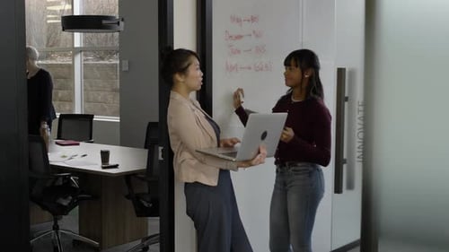 Young Women Planning with Laptop and Whiteboard in Modern Office 20s