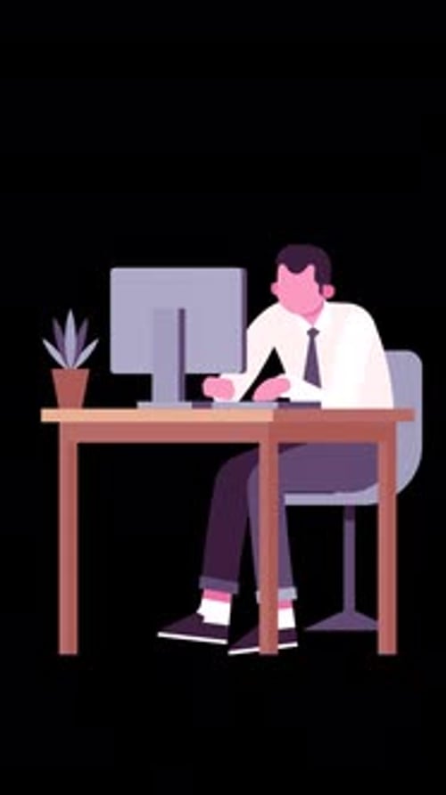 Businessman Is Sitting At The Desk And Working On The Laptop On Vertical On Alpha Channel