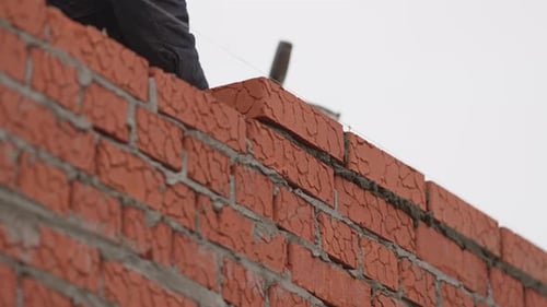 Worker Taps Brick Gently Into Place Atop Wet Cement