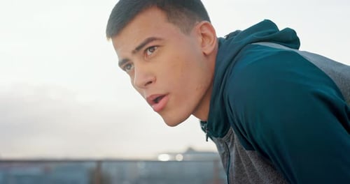 Breathe, rest and fitness, runner and man tired during break from run outdoor