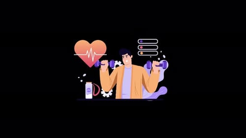 Animated Flat Design Illustration of Man Exercising with Dumbbells