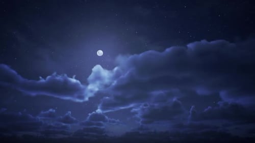 Animated Night Sky with Moon, Moving Clouds, and Lightning Flash