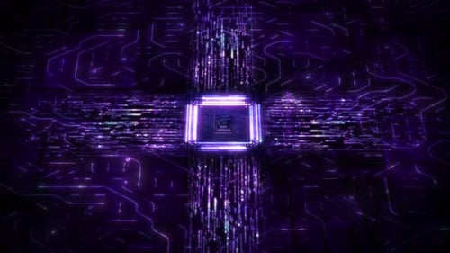 Futuristische Leiterplatte mit leuchtendem Prozessor und digitaler Datenflussanimation